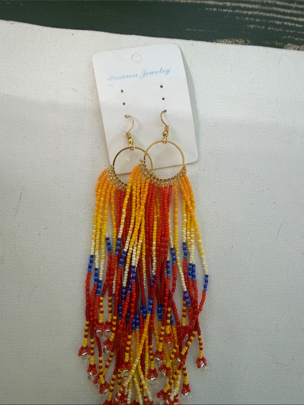 Gold Hoop Fringe Beaded Earrings - Yellow, Red & Blue